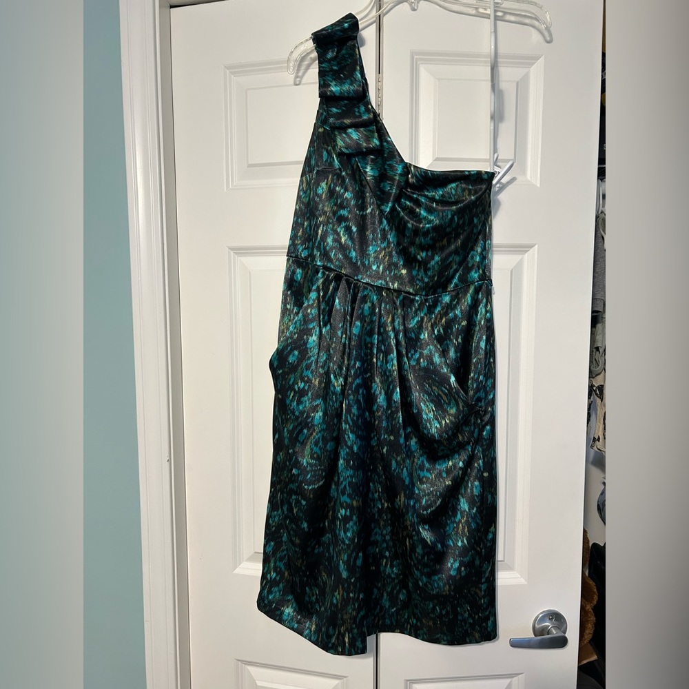 Dressbarn Teal and Black One-Shoulder Dress